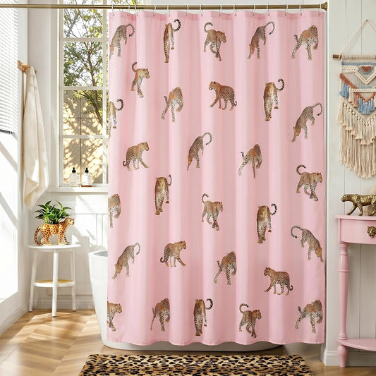 Mocsicka Pink Leopard Shower Curtain for Bathroom Cute Funny Leopard Print Shower Curtain Waterproof Fabric Wild Animals Cheetah Bath Curtain for Leopard Decor with 12 Hooks, 72 X 72 Inch