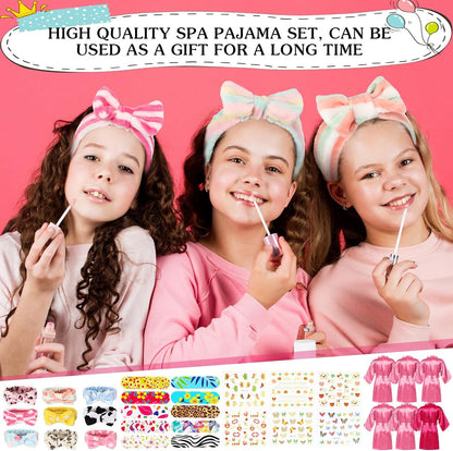 Suhine 6 Sets Girls Spa Birthady Party Supplies Birthday Print Satin Robe Tote Bags Spa Kit Nail Salon Kit(Pink Series)
