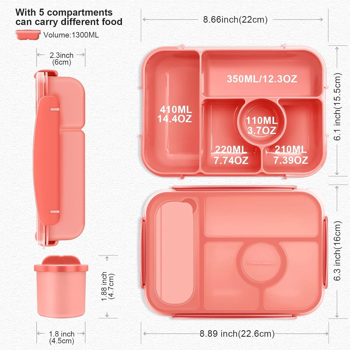 Amathley Bento Box Adult Lunch Box Kids,Lunch Containers for Adults/Kids/Toddler,5 Compartments Bento Lunch Box with Sauce Vontainers,Microwave & Dishwasher & Freezer Safe,BPA-Free (Pink)