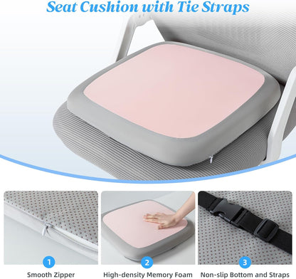 SheRest Office Chair Cushion with Straps, Memory Foam Seat Cushion with Removable Cover, Suitable for Office Chairs, Car Seats, and Airplane Seats, Pink, Large