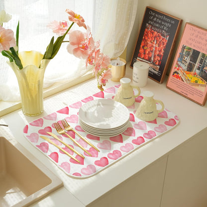 Valentine's Dish Drying Mat 18x24 Inches For Kitchen Counter Absorbent Pink Love Heart Kitchen Mother's Day Anniversary Wedding Drying Mat Pad For Home Kitchen,Dining Room,Office Decoration