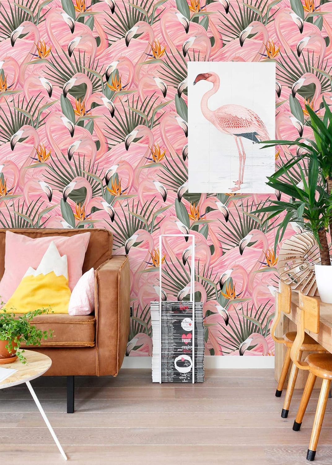 HAOKHOME Pink Wallpaper Peel and Stick Tropical Flamingos Removable Stick on Contact Paper for Bedroom Pink/Green/Orange 17.7in x 9.8ft