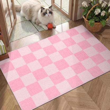 GarveeHome Checkered Blush Pink and White 2x3 Washbale Rug Door Mat Geometric Diamond Dot Modern Soft Low-Pile Girls Small Rug for Bedroom Entryway Bathroom Kitchen Non-Slip TPE Backing