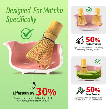 TEANAGOO 7-PCS Pink Matcha Whisk Set with Cherry Blossom Design, Complete Ceremony Kit, Ceramic Chawan Bowl with Spout, Whisk & Accessories, Traditional Matcha Tea Set for Lattes& Gift Giving