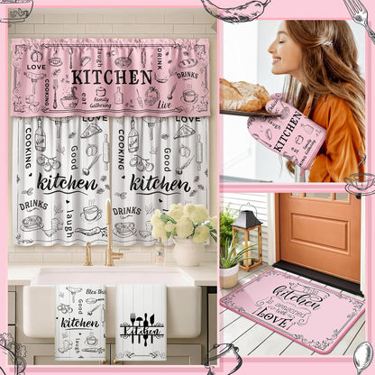 Fourluoo 13 Pcs Pink Kitchen Decor Set 4 Black Kitchen Towels 2 Cute Nonslip Rugs and Mats 3 Modern Curtains Valance 2 Pot Holders 2 Oven Mitts for Home Decoration Mom Cooking Grilling Gift