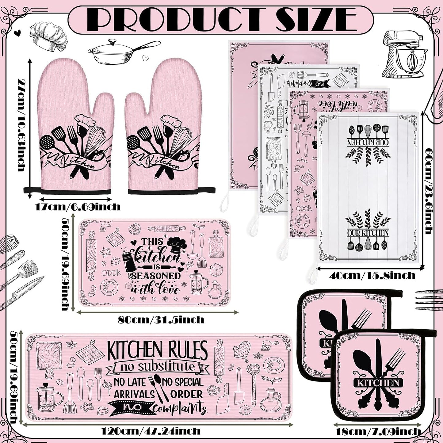 Fourluoo 10 Pcs Farmhouse Kitchen Decor and Accessories Set 4 Kitchen Towels 2 Pot Holders 2 Oven Mitts 2 Rugs for Cooking Baking Mom Housewarming Gifts(Soft Pink,Appealing Style)