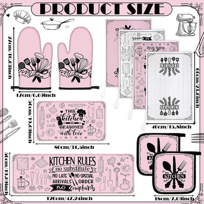 Fourluoo 10 Pcs Farmhouse Kitchen Decor and Accessories Set 4 Kitchen Towels 2 Pot Holders 2 Oven Mitts 2 Rugs for Cooking Baking Mom Housewarming Gifts(Soft Pink,Appealing Style)
