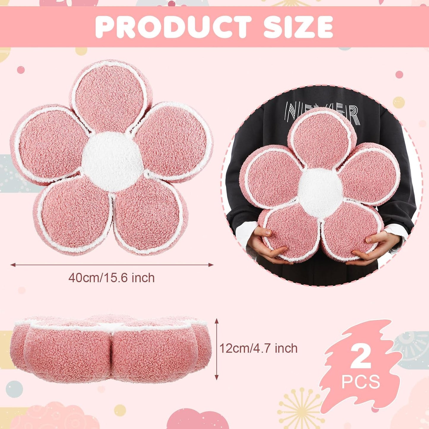 Menkxi 2 Pack Flower Pillows Cute Flower Shaped Pillows Daisy Pillow Throw Soft Floor Cushion for Living Room Bedroom Sofa Couch Winter Warm Decoration 15.7 Inch(Pink)