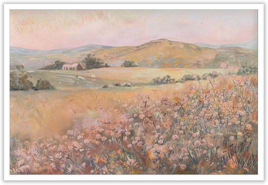Vintage Pastel Wildflower Landscape Posters Retro Peach Pink Flower Mountain Canvas Wall Art Rustic Style Natural Scenery Prints Painting For Home Bedroom Dorm Wall Decor 12x16in Unframed