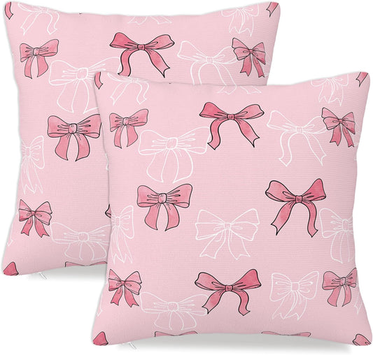 Pink Bow Throw Pillow Cover Case 18x18 Set of 2 Preppy Cute Aesthetic Art Decor Decorative Pillowcover Zipper Couch Women Girl Farmhouse Bedroom Square Sofa Cushion Living Room Bed Classroom