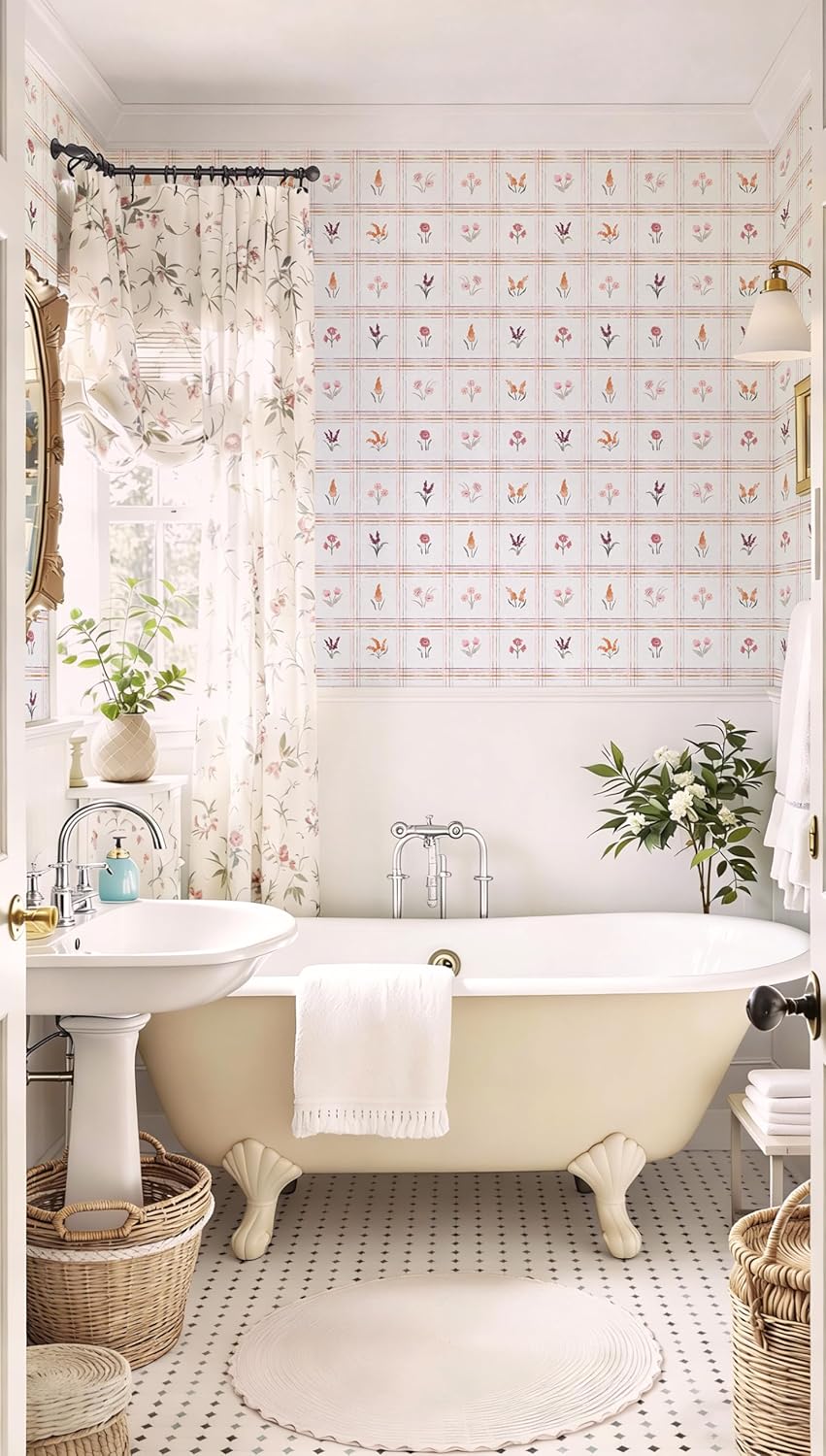 Yasinet Pink Peel and Stick Wallpaper Boho Floral Wallpaper Farmhouse Plaid Contact Paper for Girl Bedroom Bathroom Wildflower Removable self Adhesive Wall Paper for Waterproof Vinyl 17.3"×78.7"