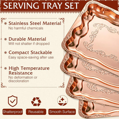 FoldTier 4 Pack Serving Trays Set for Party, Butterfly Floral Bronze Platter Engraved Mirror Tray, 15.8 x 11.6 Inches Elegant Metal Plate for Food Appetizer Cookies Desserts (Rose Gold)