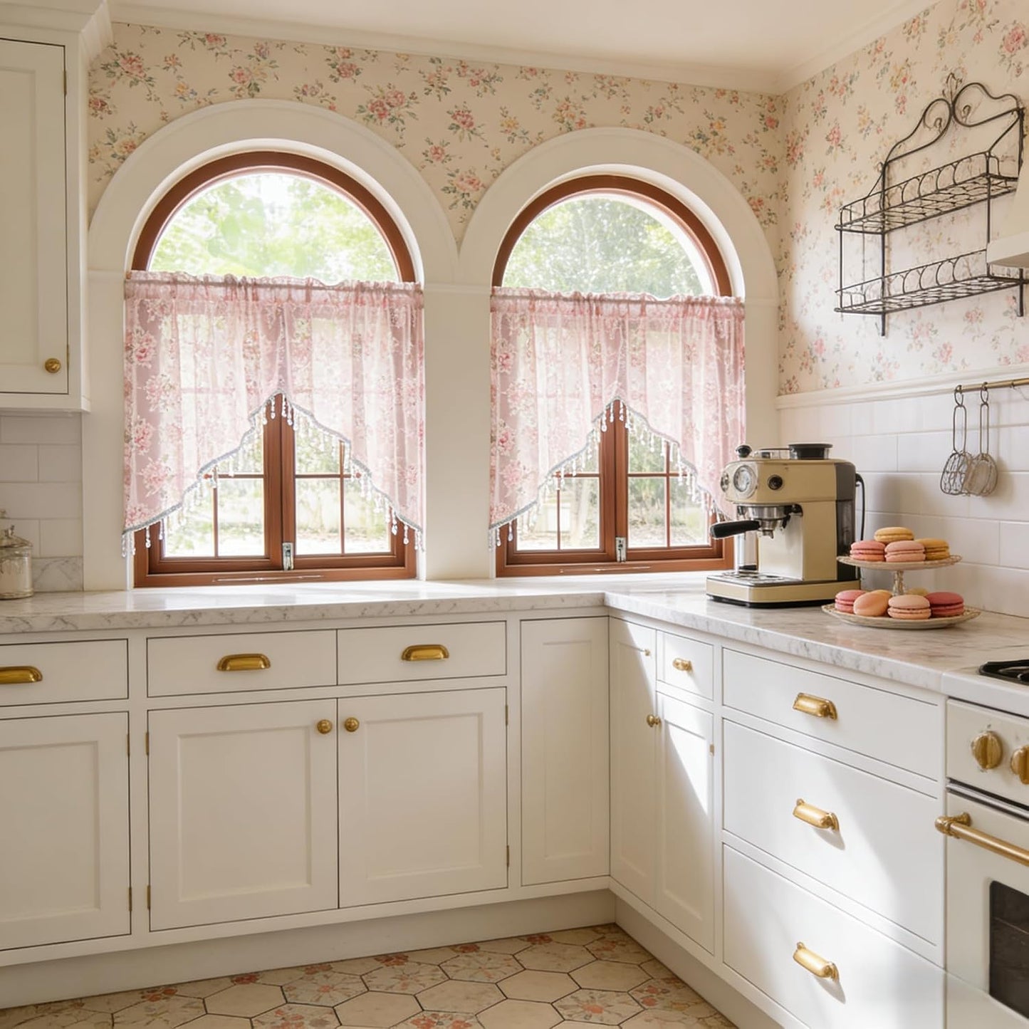 Gxi Pink Lace Kitchen Curtain Swag Floral Sheer Curtain Valance Door Panel Rod Pocket Voile Window Treatment Tier for Bathroom Dining Room 1 Panel, W79 x L35 inch