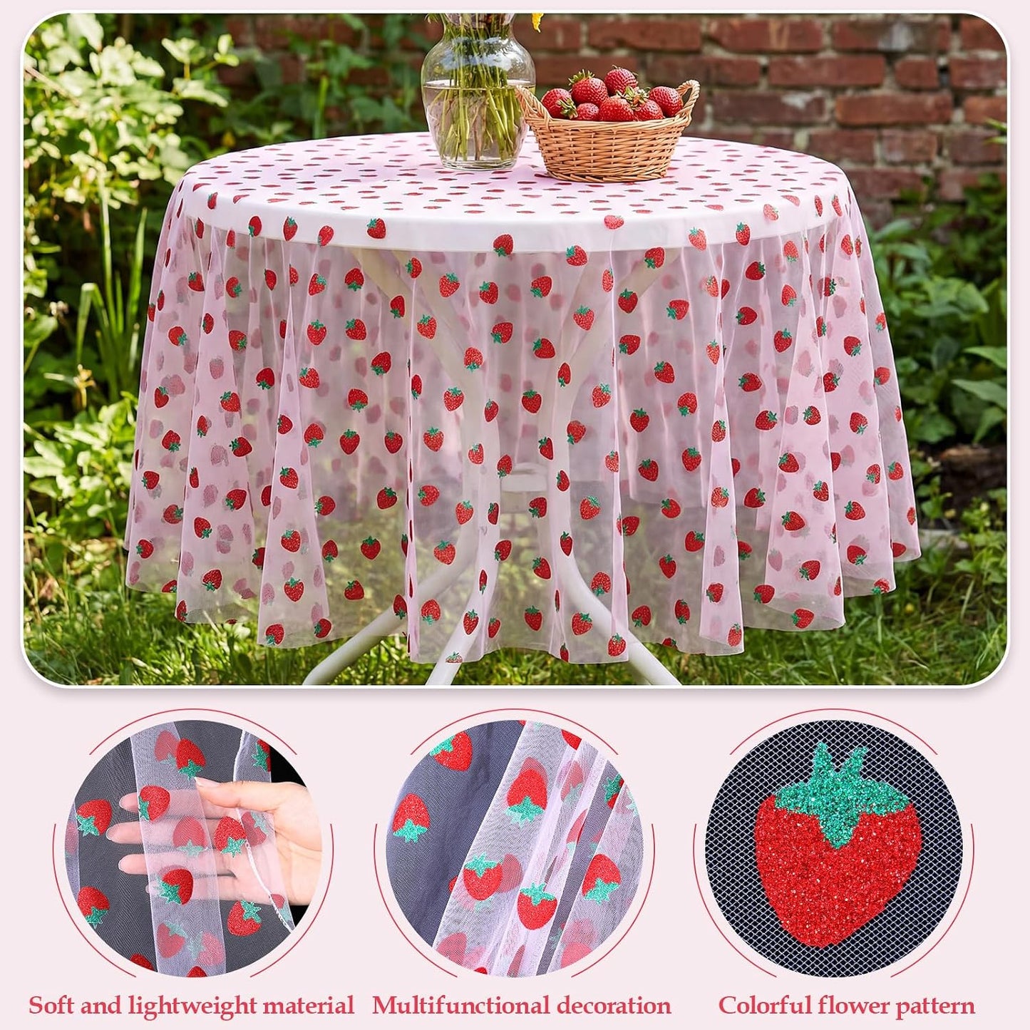 Tudomro Pink Strawberry Embroidery Table Runner 55 Inch Round Floral Embroidered Lace Tulle Runner Holiday Kitchen Dining Table Cover for Bridal Shower Birthday Wedding Restaurant