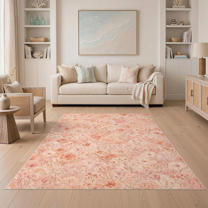 5'x7' Washable Flatwoven Rug, Peach Bohemian Floral Stain Resistant Area Rug for Guest Room, Lounge, Apartment, Non-Slip Low Profile Floor Covering | Ref:2218071