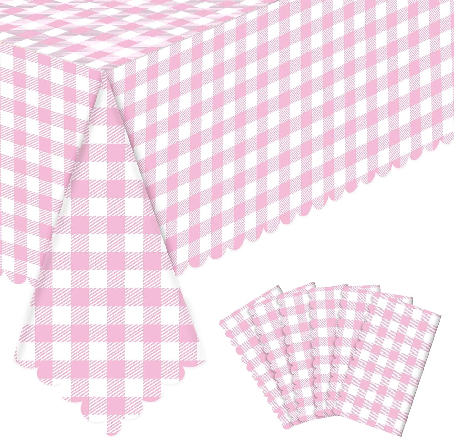 NatNarr 6 Pack Pink Gingham Tablecloths, 54 X 108Inch Scalloped Pink and White Checkered Table Cloth, Disposable Party Table Covers for Wedding Picnic Birthday Baby Bridal Shower Anniversay