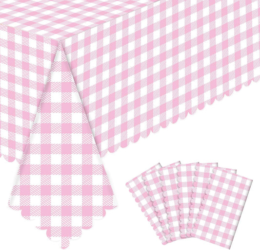 NatNarr 6 Pack Pink Gingham Tablecloths, 54 X 108Inch Scalloped Pink and White Checkered Table Cloth, Disposable Party Table Covers for Wedding Picnic Birthday Baby Bridal Shower Anniversay
