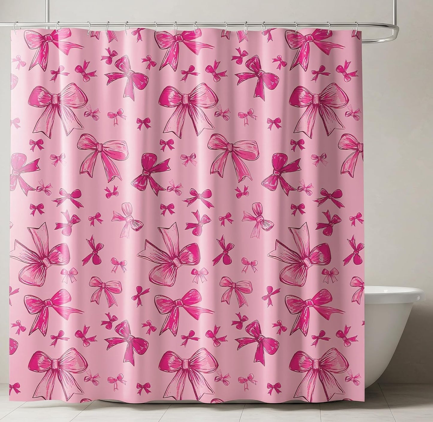 SDIII Pink Bow Shower Curtain Set 72x72 Inch, Waterproof Microfiber Cute Pink Shower Curtain Set Bowknot for Aesthetic Princess Themed Bathroom Decor