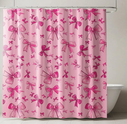 SDIII Pink Bow Shower Curtain Set 72x72 Inch, Waterproof Microfiber Cute Pink Shower Curtain Set Bowknot for Aesthetic Princess Themed Bathroom Decor
