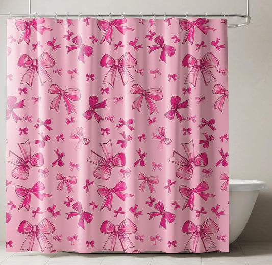 SDIII Pink Bow Shower Curtain Set 72x72 Inch, Waterproof Microfiber Cute Pink Shower Curtain Set Bowknot for Aesthetic Princess Themed Bathroom Decor