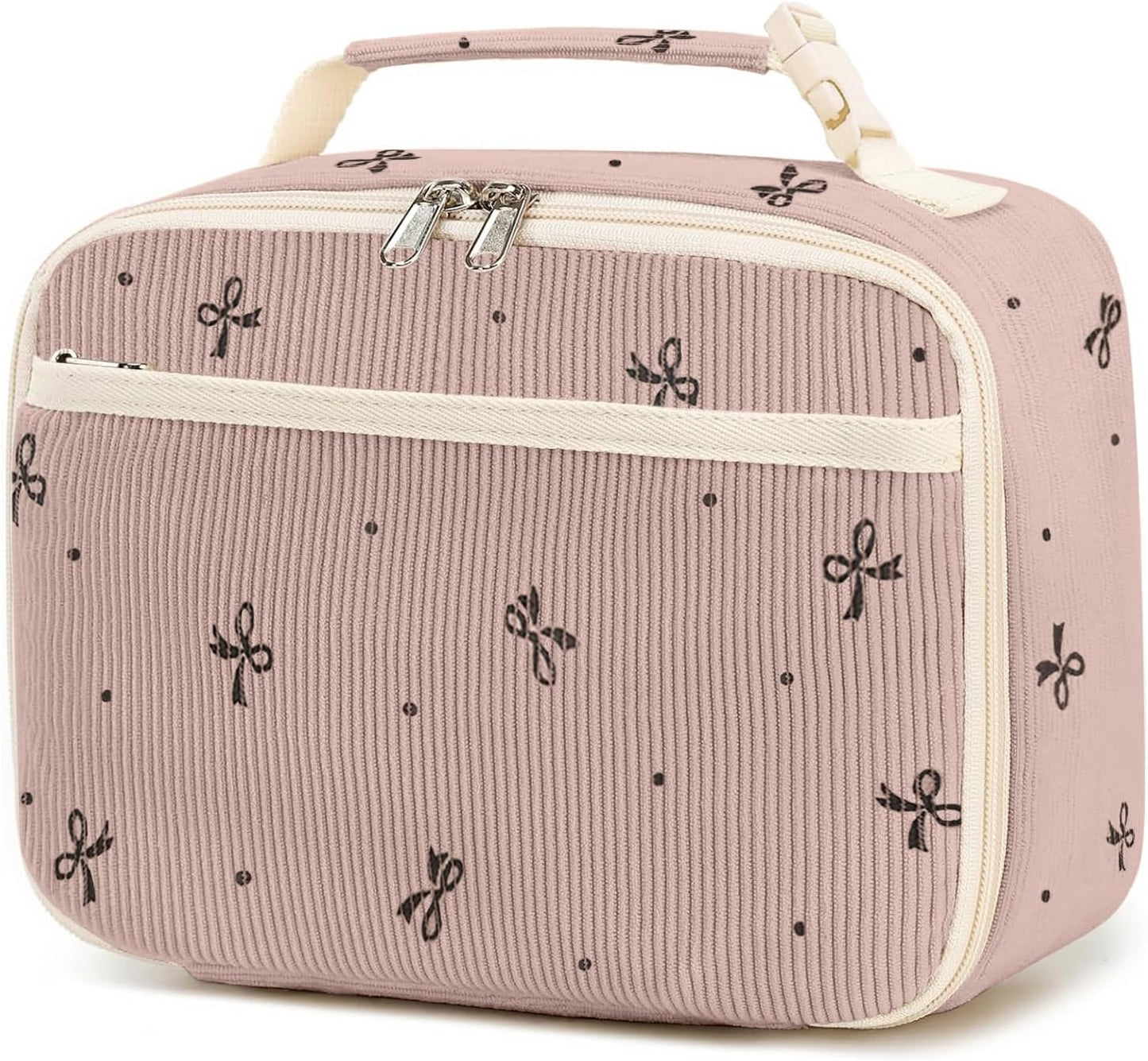 Cute Lunch Bag for Women & Men Corduroy Small Lunch Box with Cooler & Organizer Compartments Insulated Lunch Tote Bag for Travel Work (Pink Bow)