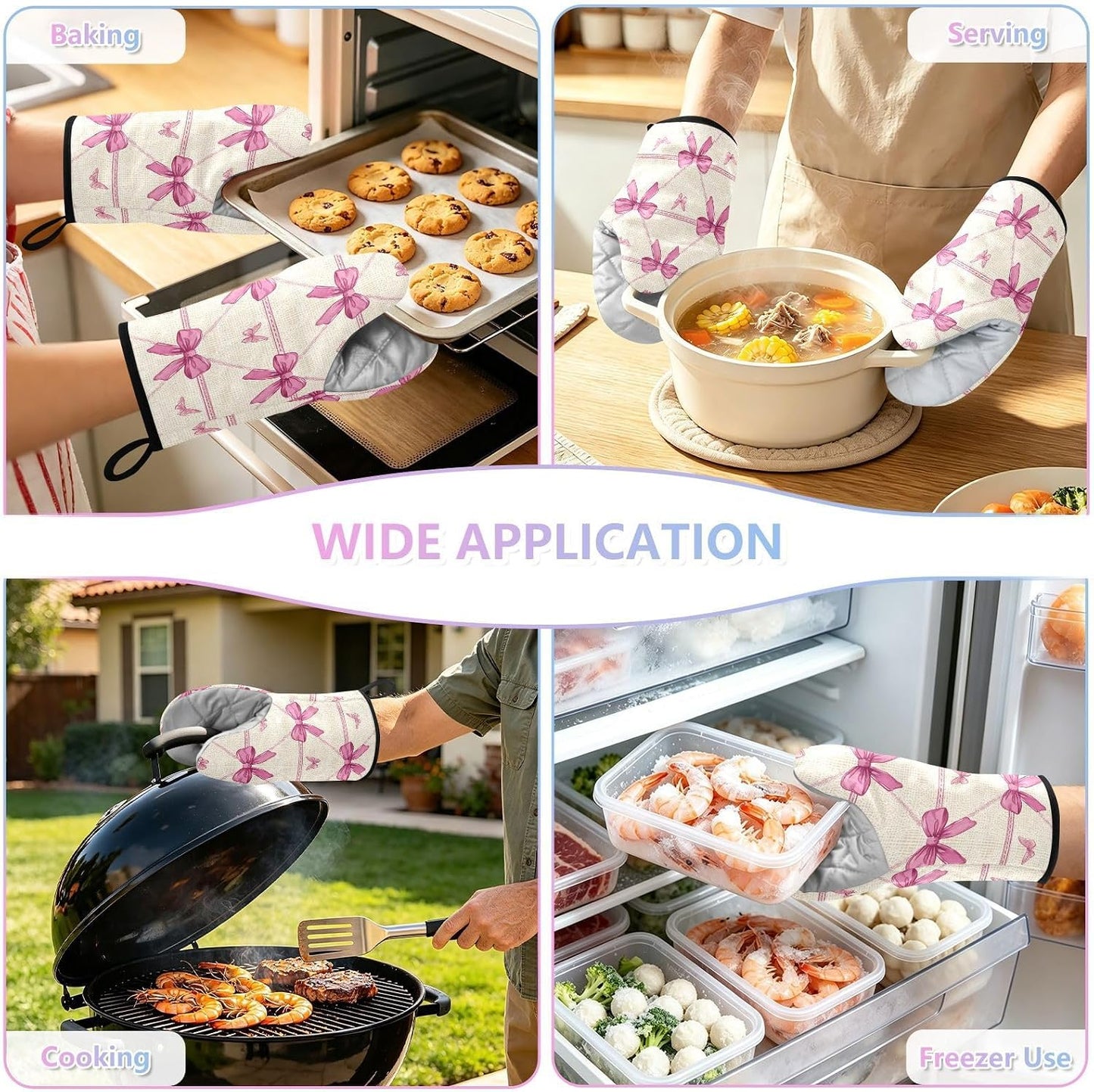 Oven Mitt 2 Pack Set Pink Bow Pattern Butterfly Kitchen Mitts Gloves for for Cooking Baking Grilling