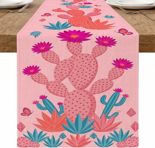 Cactus Floral Table Runner, Peach Desert Style Tropical Bohemian Kitchen Dining Decor for Home Family Gatherings Summer Party Supplies 13x72 Inch
