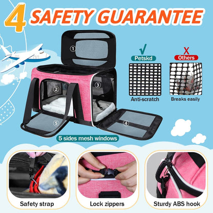 Petskd Top-Expandable Pet Carrier 18x13x9.5 Inches Southwest Airline Approved, Soft-Sided Carrier for Small Cats and Dogs with Locking Safety Zippers and Anti-Scratch Mesh(Pink)