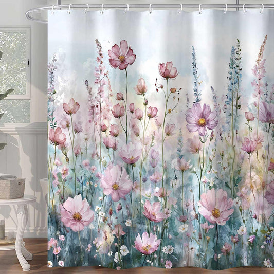 Pink Floral Shower Curtain, Watercolor Flower Plants Leaves Art Shower Curtains for Bathroom Sets Decor, Polyester Cloth Fabric with 12 Hooks,72x72 Inch