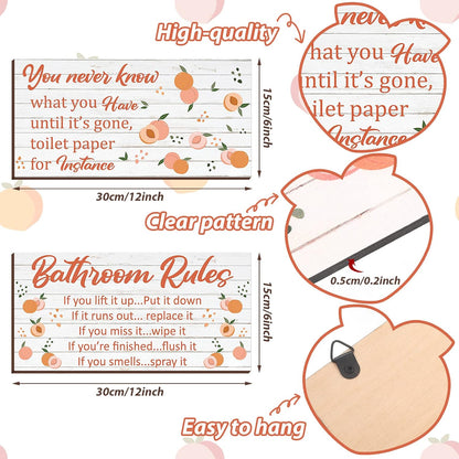 Yookeer 2 Pieces Wooden Peach Bathroom Decor Bathroom Rule Wall Plaque Decor Wooden Hanging Sign Funny Cute Farmhouse Peach Accessories Wood Plank for Home Rustic Decoration,12 x 6 Inch