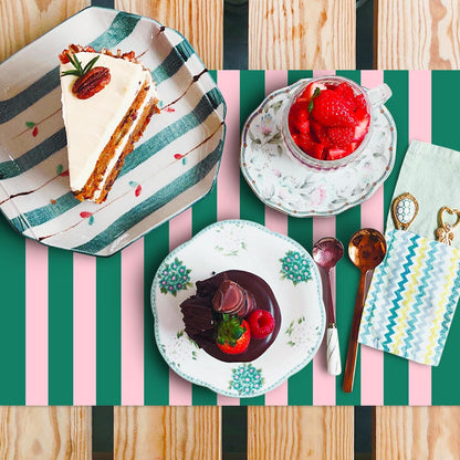 Whaline 50Pcs Stripe Paper Placemats Disposable Table Mat Green Pink Cabana Stripe Decorative Place Mats for Birthday Wedding Party Decor Dining Table Setting, 10 x 14 Inch