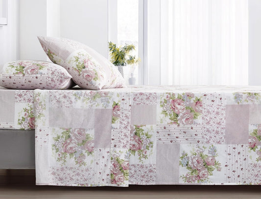 Chezmoi Collection Rosy 4-Piece Floral Patchwork Cotton Sheet Set Queen - Ivory Green Pink Flower Polka Dot Floral Patchwork Printed 100% Cotton Bed Sheets