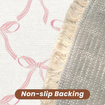 Pink Bow Rug Round Rugs Cute Coquette Pattern Seamless Pink Ribbon Bow White Boho Area Rugs Linen and Cotton Carpet Meditation Rug Washable Hallway Runner Mat for Bedroom Nursery 6ft