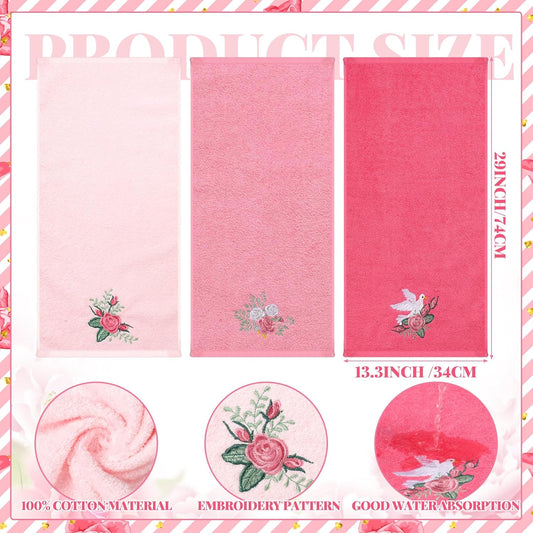 Tingjoo 3 Pcs Pink Rose Floral Hand Towels Spring Pink Flower Bath Towels 14x29 Inch Soft Cute Embroidered Washable Decorative Cotton Absorbent Summer Decor for Bathroom Kitchen