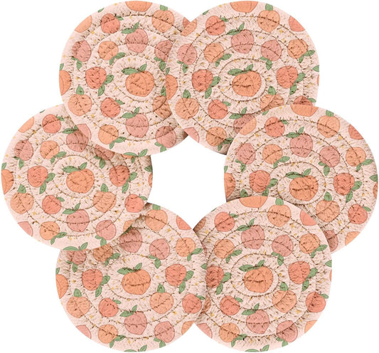 CEBUGI Peach Cute Coasters Set of 6 with Holder, Absorbent Woven Coasters Tabletop Protection for Kinds of Cups for Living Room Home Decor, 4 Inches