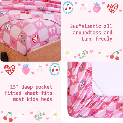 Softan Kids Bed Sheet Set, 3-Piece Twin Sheets Set, Microfiber Fitted Sheet with Corner Straps, Breathable & Silky Soft Pink Fruit Checkered Pattern Sheet and Pillowcase Sets
