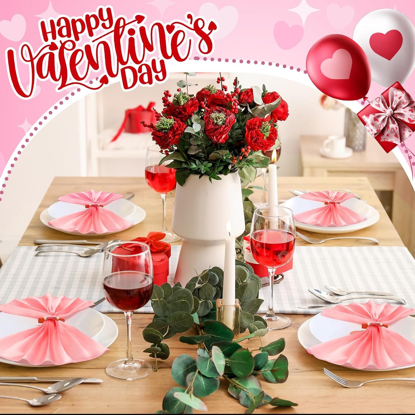 Qinyoung 8 Sets Valentine's Day Cloth Napkins and Heart Rings, Wooden Red Pink Napkins Rings Holders for Valentine's Day Wedding Anniversary Dinner Party Table Decoration