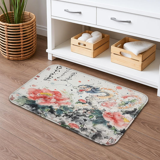 Floral Peacock Quick Dry Bath Mat, Elegant Peach Peonies Watercolor Non Slip Shower Mat, Artistic Memory Foam Washable Bath Rugs for Bathroom Toilet Restroom Decorative 20x32 Inch