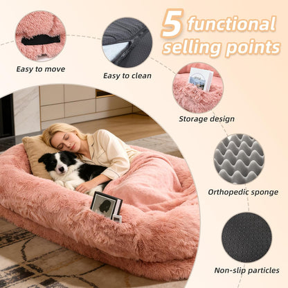 Human Dog Bed with Pillow & Blanket - 71 × 45 × 12 Inch Oversized Pet Bed for Large Dogs, Leak-Resistant Washable Dog Couch Bed for People and Dogs to Share, Soft Long Plush Lounge Pet Sofa Pink.