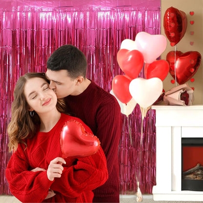 Valentine's Day Party Decorations, 3 Pack 3.2x8.2ft Hot Pink Metallic Foil Fringe Curtain Streamer Backdrop for Bachelorette Birthday Party Supplies