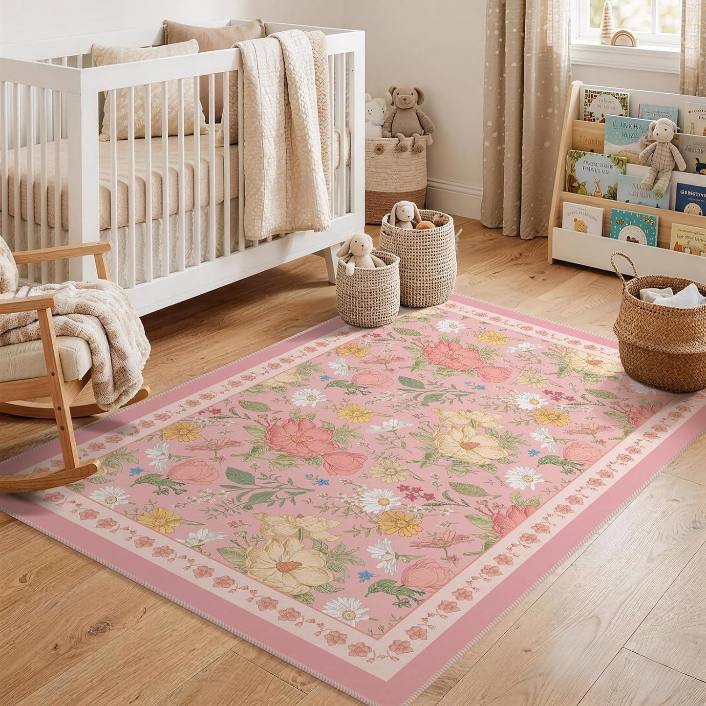 3x5 Pink Area Rug Soft Machine Washable Boho Floral Area Rug with Non-Slip Backing Low Pile Throw Rugs for Entryway, Living Room, Kitchen, Kis Room, Office, Bedroom, Dorm Decoration Mat Carpet