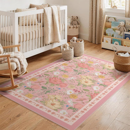 3x5 Pink Area Rug Soft Machine Washable Boho Floral Area Rug with Non-Slip Backing Low Pile Throw Rugs for Entryway, Living Room, Kitchen, Kis Room, Office, Bedroom, Dorm Decoration Mat Carpet