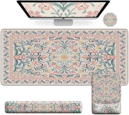 iCasso Mouse Pad with Wrist Rest,Large Desk Mat Set,Ergonomic Keyboard Pad with Wrist Support,Non-Slip Mouse Mat for Women,Cute Floral Computer Mat for Home Office Gaming (Pink)