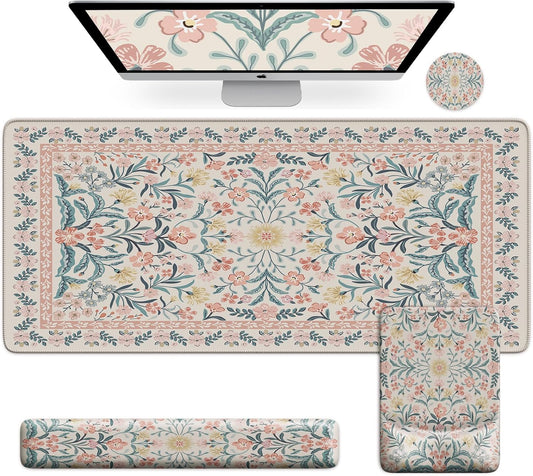 iCasso Mouse Pad with Wrist Rest,Large Desk Mat Set,Ergonomic Keyboard Pad with Wrist Support,Non-Slip Mouse Mat for Women,Cute Floral Computer Mat for Home Office Gaming (Pink)
