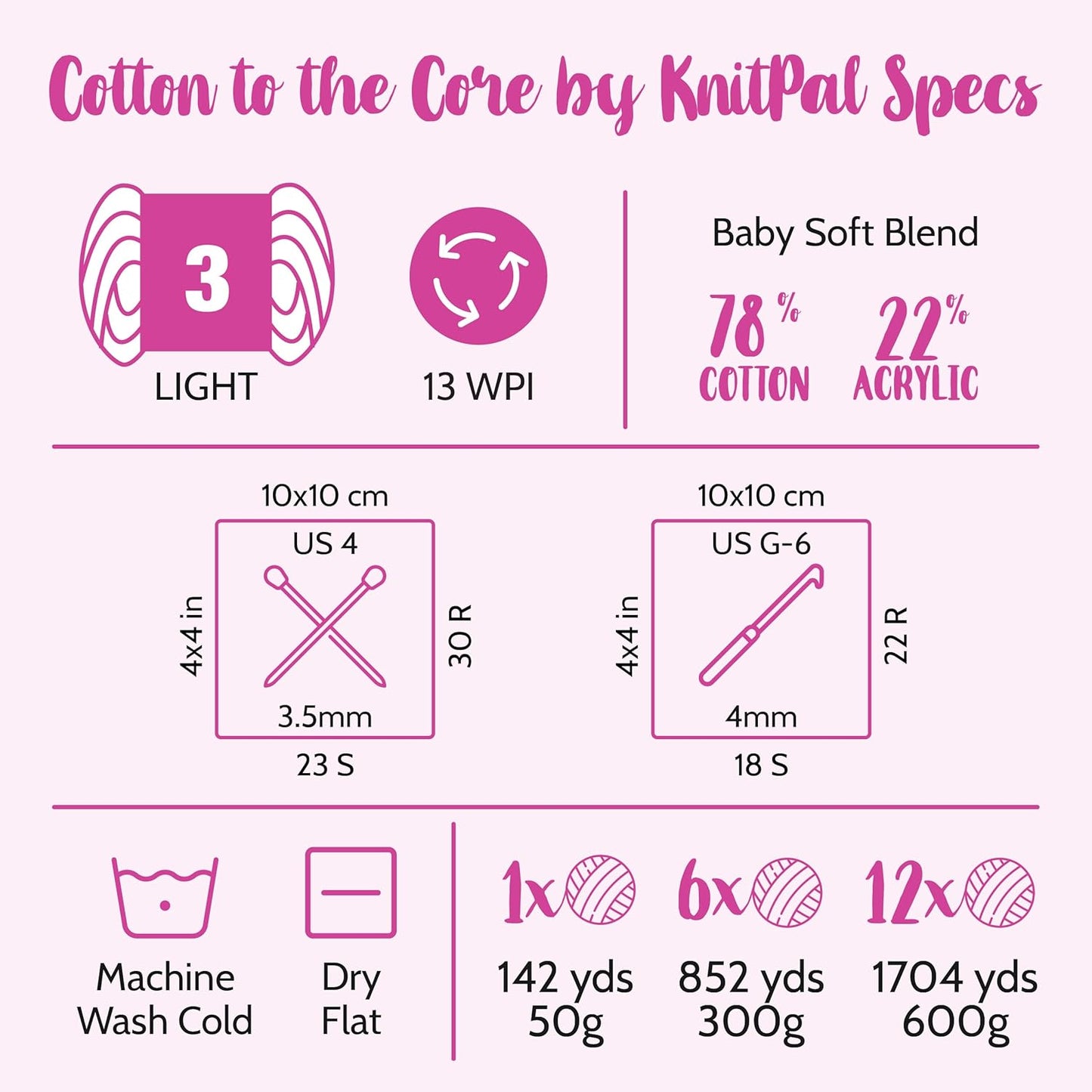 Cotton to The Core Cotton Yarn for Crocheting, 6-Pack (852 Yds / 300G), Free Patterns, Beginners Friendly - Soft Baby Yarn for Knitting - 3 DK Light Worsted Weight - Baby Pink