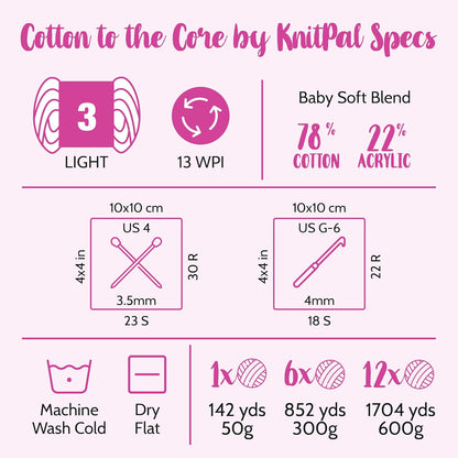 Cotton to The Core Cotton Yarn for Crocheting, 6-Pack (852 Yds / 300G), Free Patterns, Beginners Friendly - Soft Baby Yarn for Knitting - 3 DK Light Worsted Weight - Baby Pink