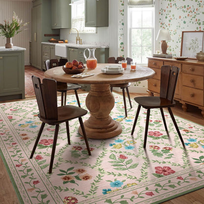 Washable 9x12 Area Rugs - Large Stain Resistant Pink Living Room Rug Non-Slip Soft Boho Floral Rugs for Bedroom Aesthetic Farmhouse Flower Big Carpet for Dining Room Under Table Kids Room