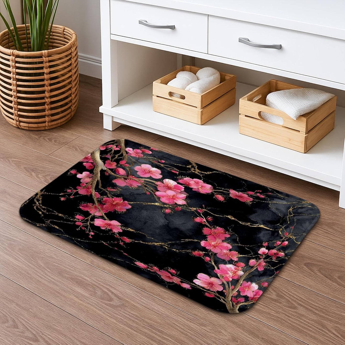 Cherries Blossom Floral Quick Dry Bath Mat, Elegant Peach Petals Absorbent Non Slip Shower Mat, Spring Decorative Flannel Washable Bath Rugs for Bathroom Toilet Restroom 20x32 Inch