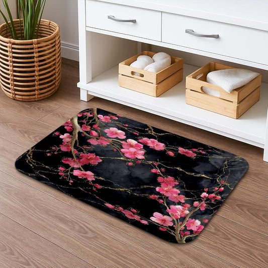 Cherries Blossom Floral Quick Dry Bath Mat, Elegant Peach Petals Absorbent Non Slip Shower Mat, Spring Decorative Flannel Washable Bath Rugs for Bathroom Toilet Restroom 20x32 Inch