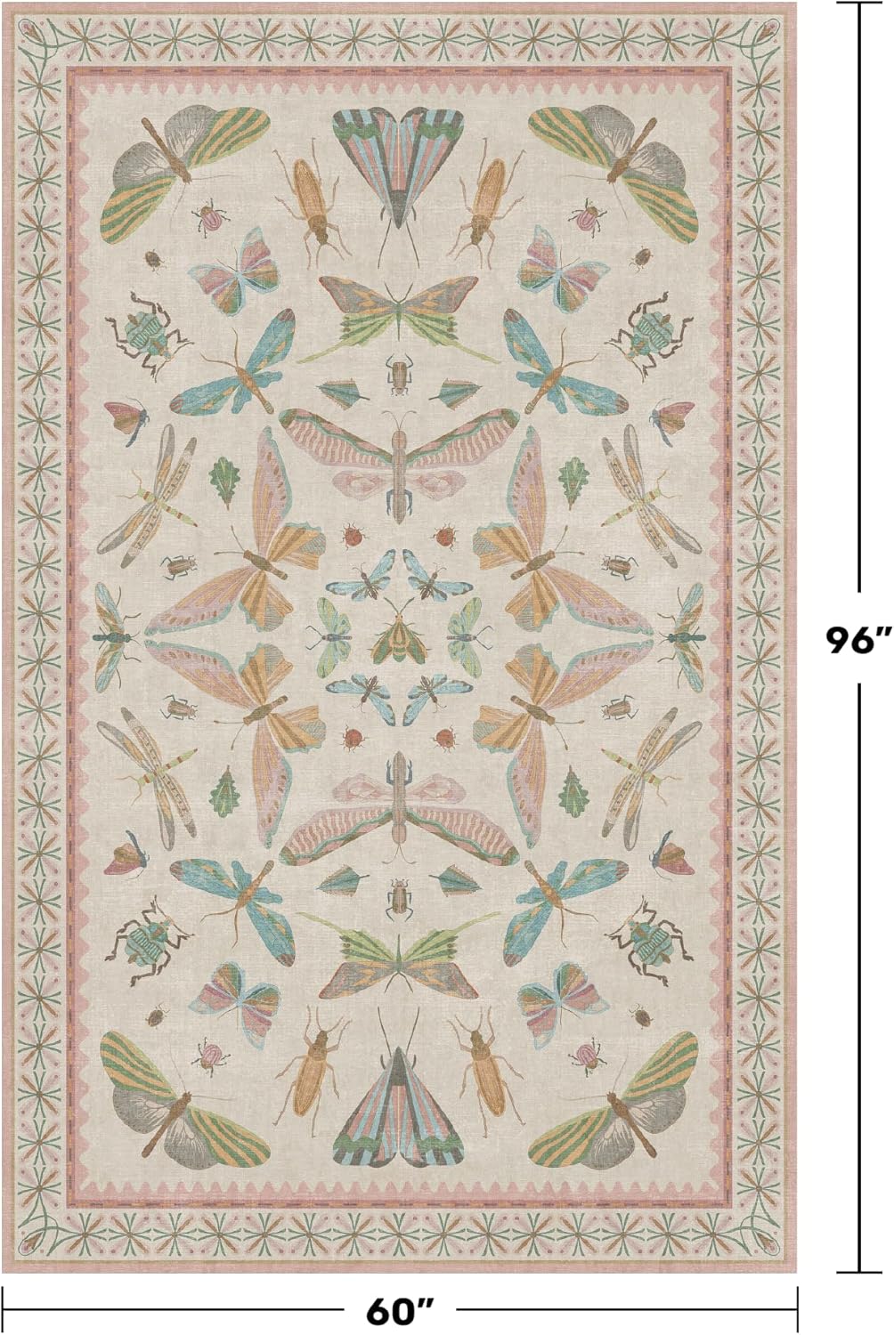Hazo Haus Washable 5x8 Light Pink Rug for Bedroom - Pink Boho Girl Nursery Rug, Living Room, Nature Insect Bug Print Home Decor